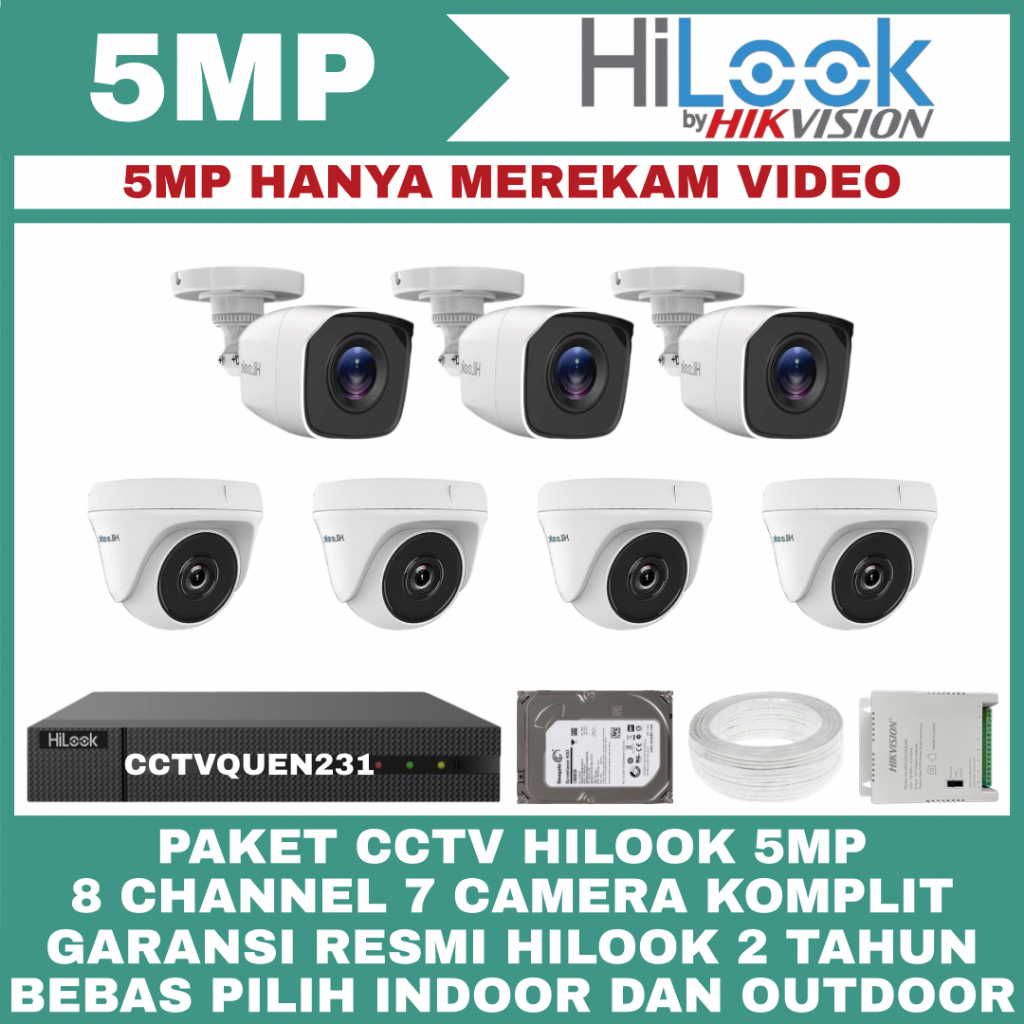 PAKET CCTV HILOOK 5MP 8 CHANNEL 7 KAMERA TURBO HDTVI CAMERA CCTV KOMPLIT