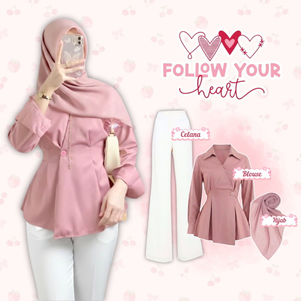 One Set Hijab Heart 3in1 / Setelab Wanita Kekinian / Outfit Nongkrong / Outfit Ngampus / Blouse Toyo