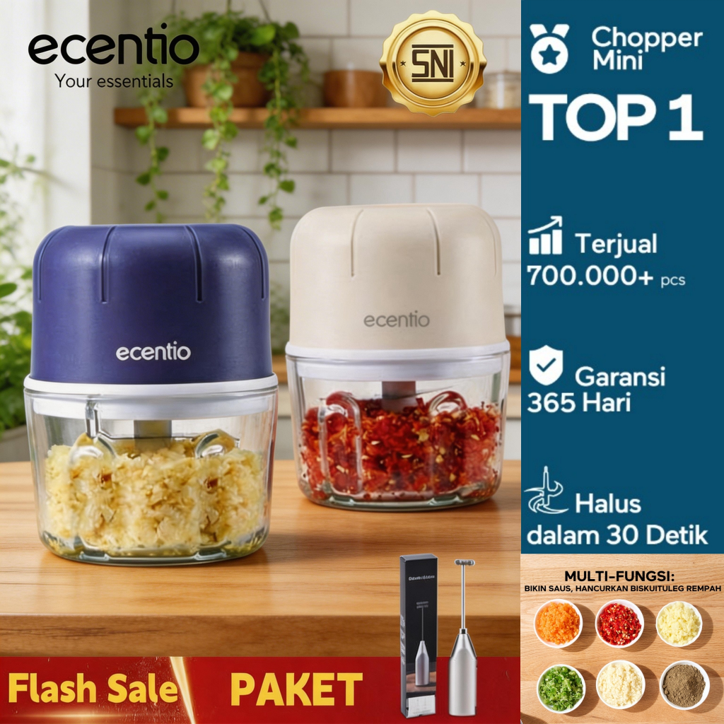 ECENTIO MINI BLENDER BUMBU DAPUR 250ML KACA COPER DAGING DAN BUMBU BLENDER,CHOPPER MINI 6 PISAU