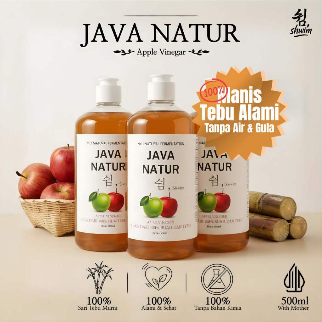 JAVA NATUR Shwim Cuka Apel [isi 3botol] 100% Original Sari Apel dan Tebu 500 ml
