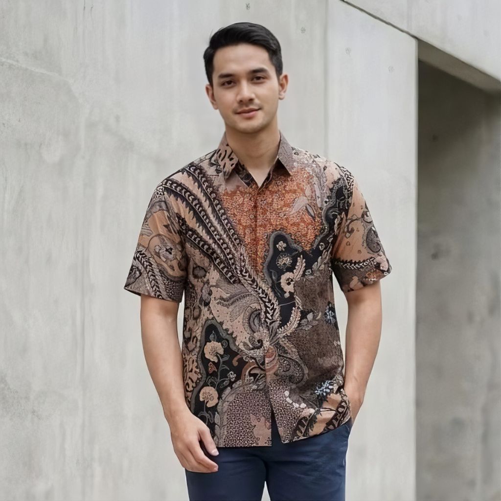 Batik Pria Lengan Pendek Peach Katun Signature Reguler Modern | Seragam Batik Pria Pesta Dan Kantor 