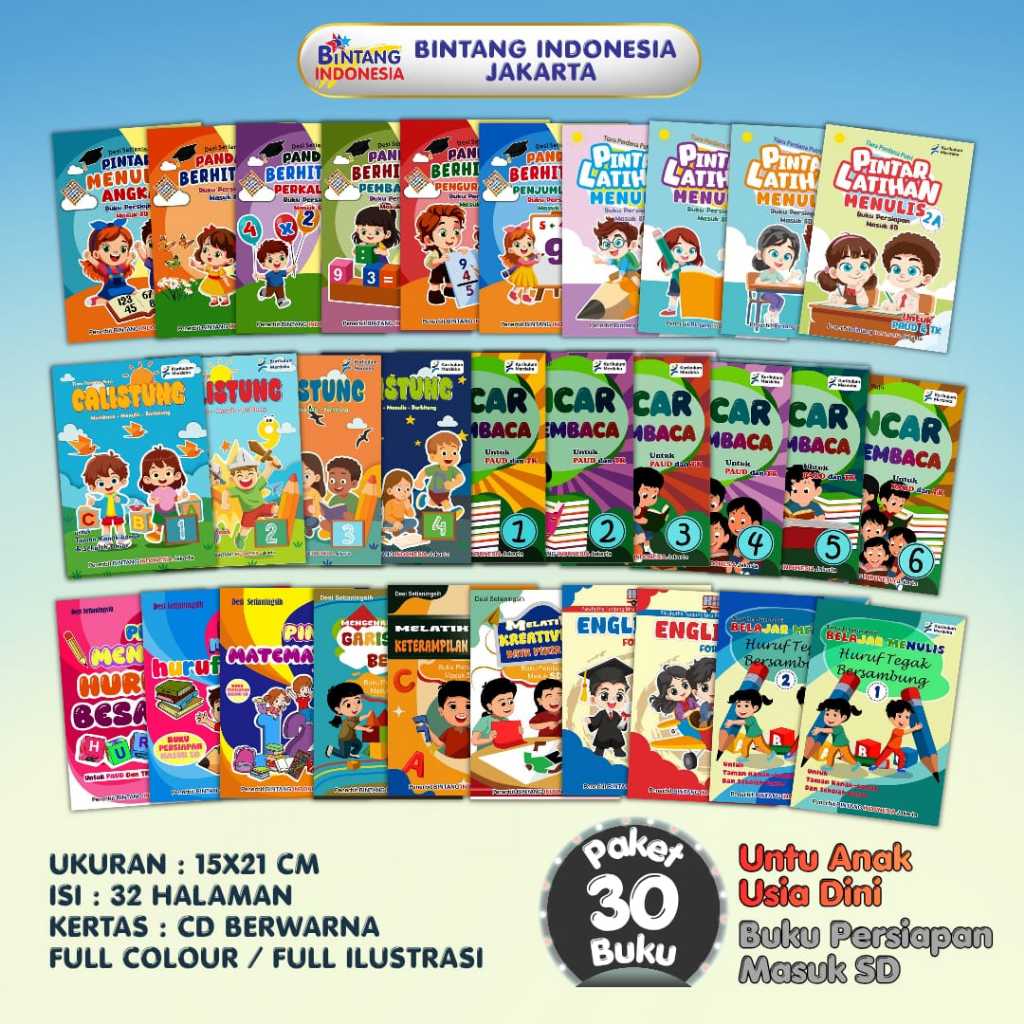 Paket 30 Buku Edukasi Persiapan Masuk SD yang ditujukan untuk anak usia PAUD dan TK