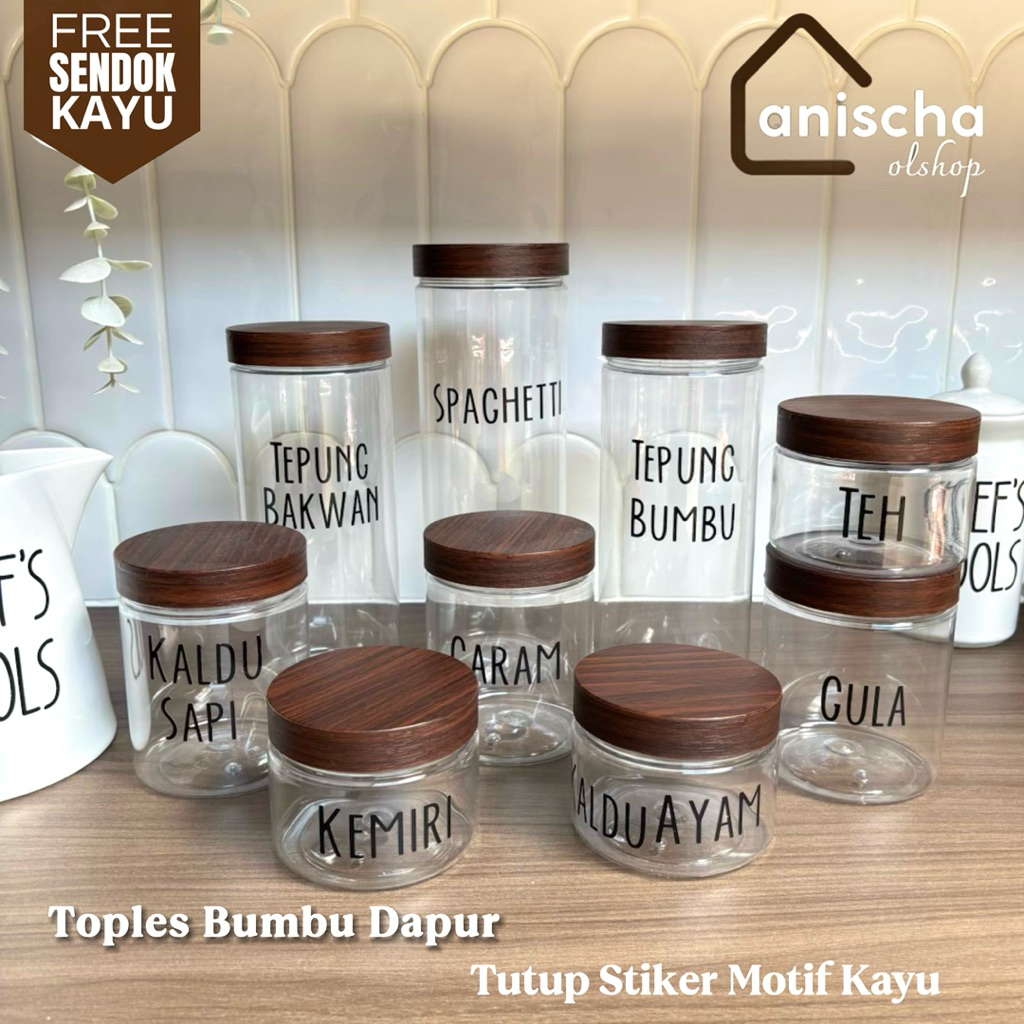 Free Sendok- Toples Bumbu Dapur Tutup Plastik Lapis Stiker Motif Kayu Kedap Udara Bisa Custom Label 