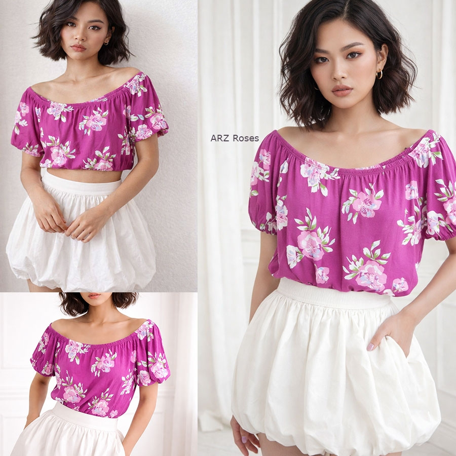 ARZ Off Floral Magenta Top Baju Atasan Blouse Wanita