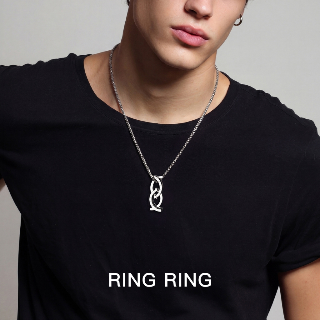 Kalung Titanium Pria Liontin Cincin Bersilang Huruf Rantai Manik Kotak Anti Karat Tidak Gatal Akseso