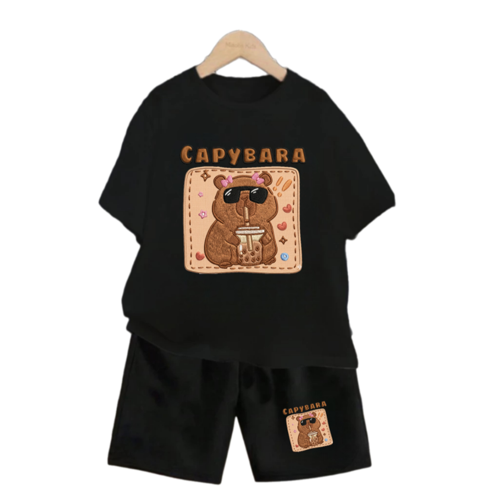 Kaos Setelan Kombinasi Anak Capybara Minum Boba  Sablon DTF Usia 0-9 Tahun Banyak Warna