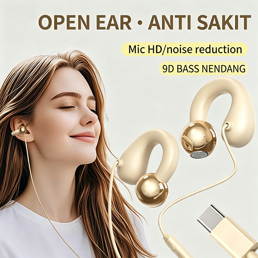 Headset Kabel TYPE C Generasi 2026 - 9D Surround Bass Earphone  Open Ear Tipe-C, Nyaman 24 Jam Tanpa