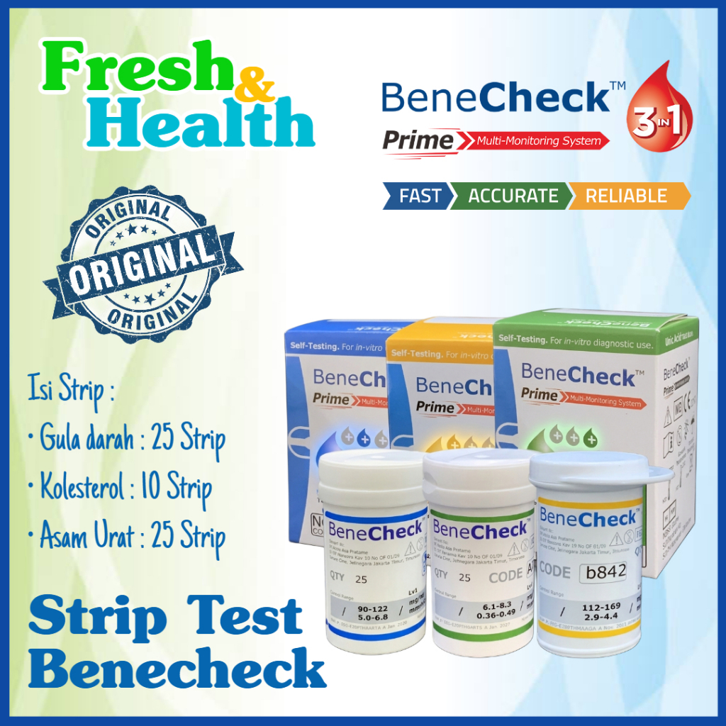 BENECHECK Prime Strip  Test Alat Cek Darah BeneCheck - (Gula Darah, Kolesterol, dan Asam Urat)