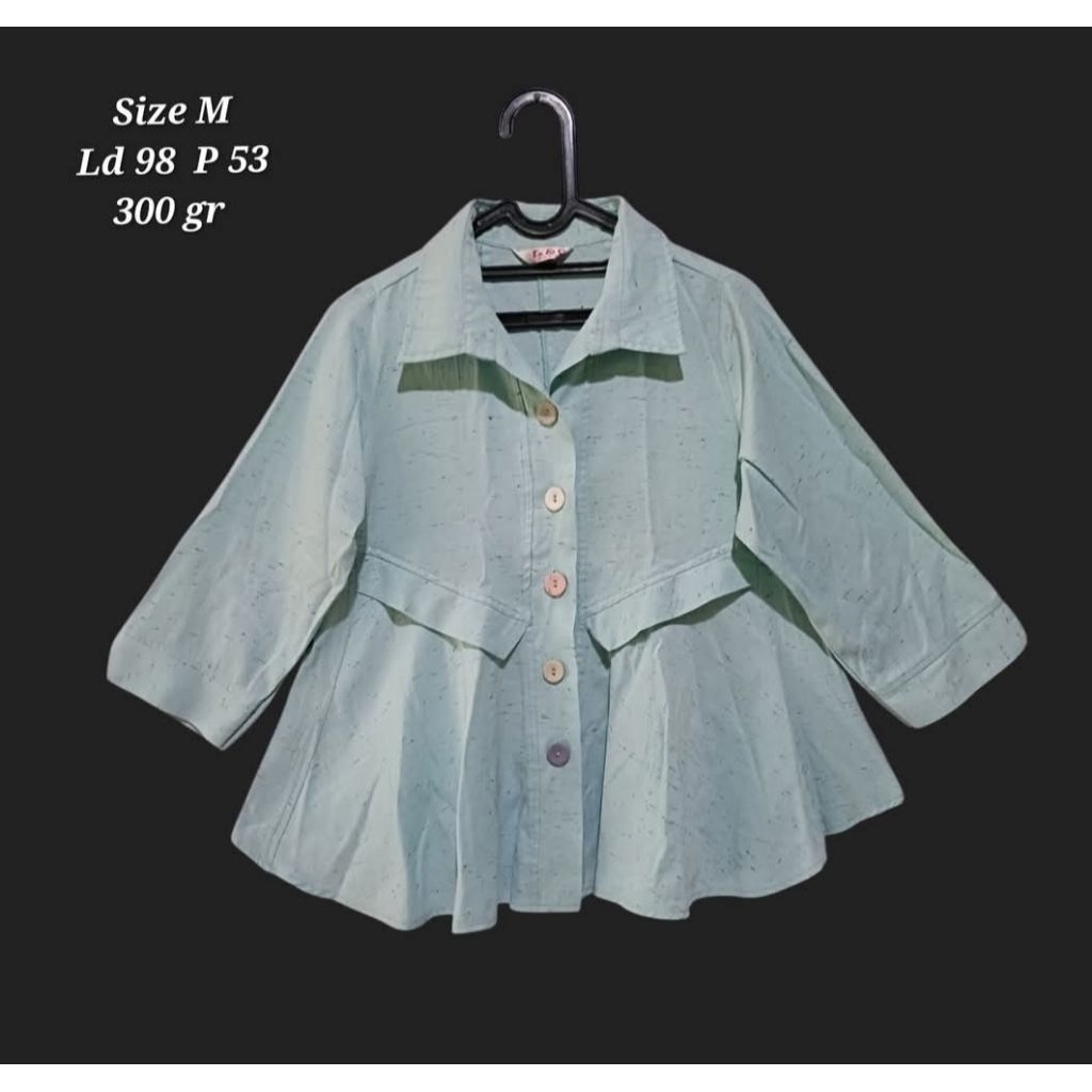 blouse biru motif katun linen size M