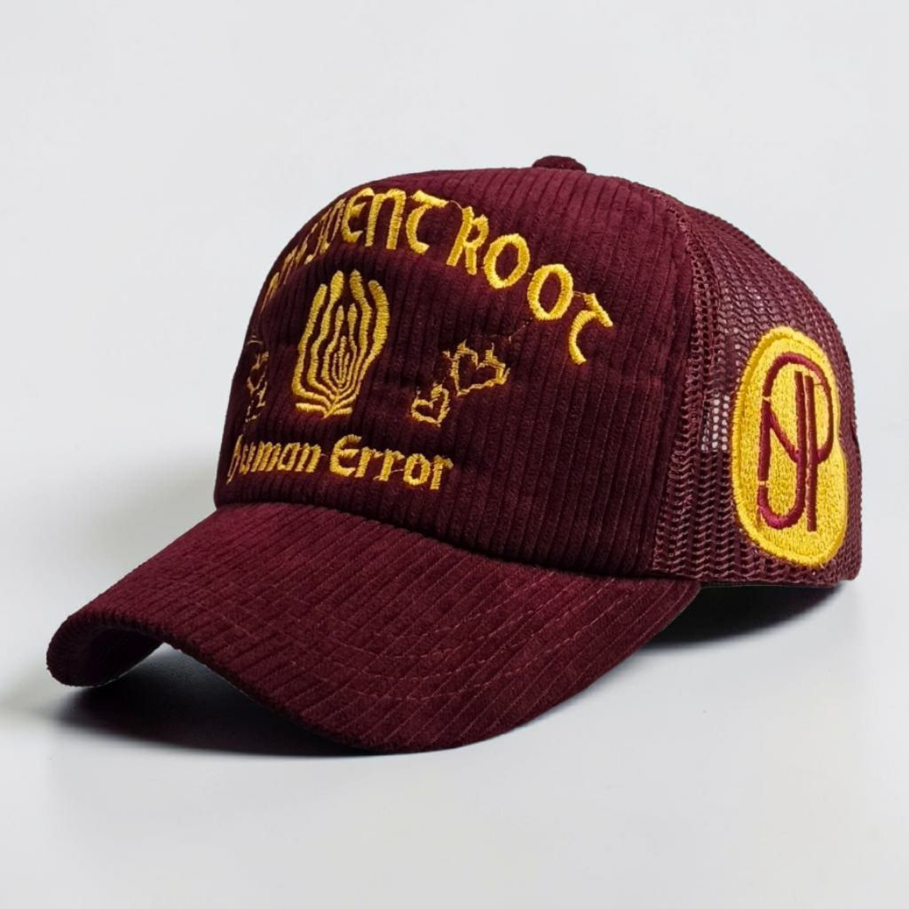 Topi Trucker Lidah Pendek / Topi Jaring Lidah Pendak / Topi Trucker Corduroy Maroon Human Error Lida