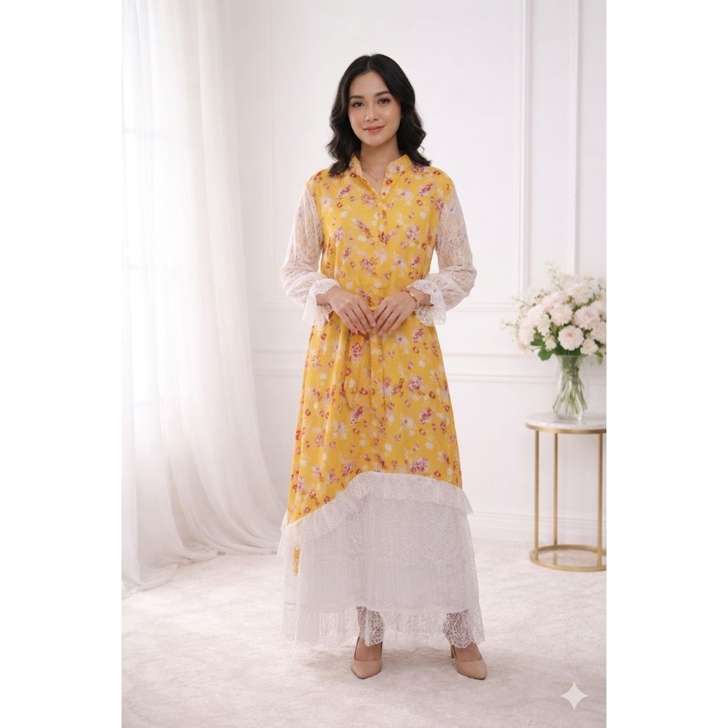 Dress Wanita Floral Kuning Elegan All Size | Gamis Kekinian Kombinasi Brokat | Baju Wanita Anggun RY