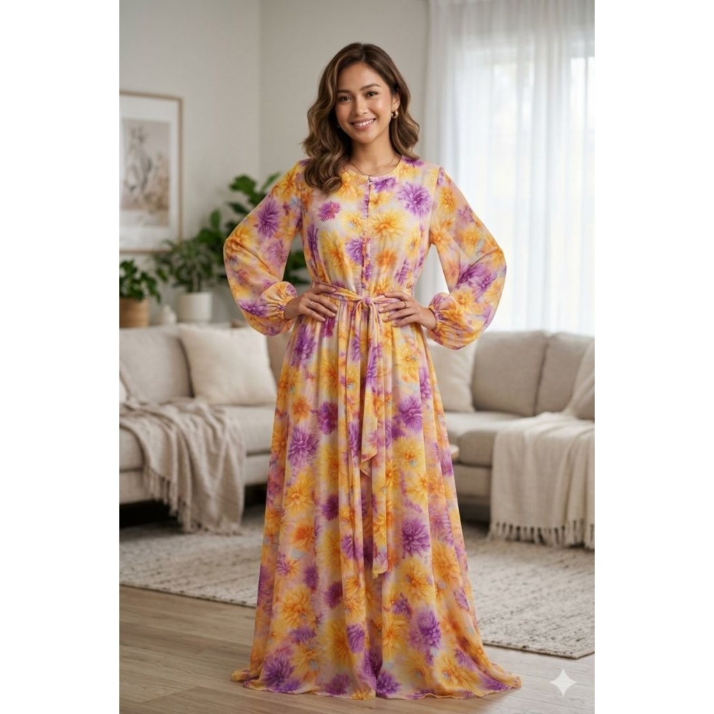 Dress Wanita Floral Premium All Size | Gamis Panjang Kekinian Tali Pinggang | Baju Wanita Elegan RYD