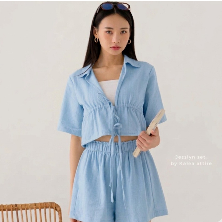 Jesslyn set linen setelan wanita pantai crop top one set baju celana pendek baju pantai wanita korea