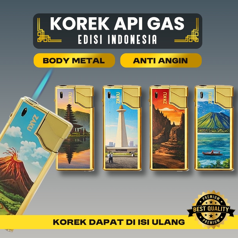(Paket 1 & 5 PCS) Korek Api Bara ZAKU Anti Angin Bodi Besi / Korek Api Gas Dengan Motif Indonesia Bi