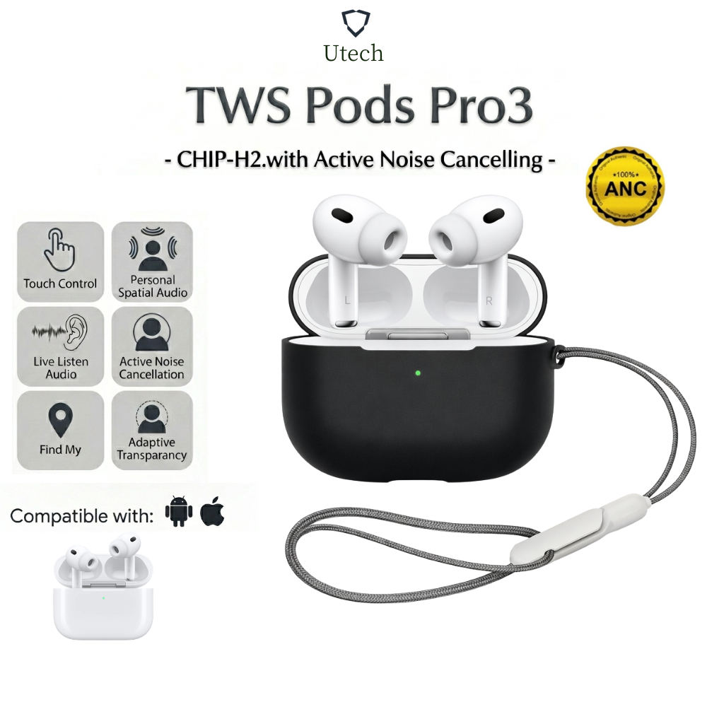 Utech TWS Pods Pro gen 3 ANC Wireless Bluetooth Earphone  Mini Earbuds TWS bluetooth full bass  Head