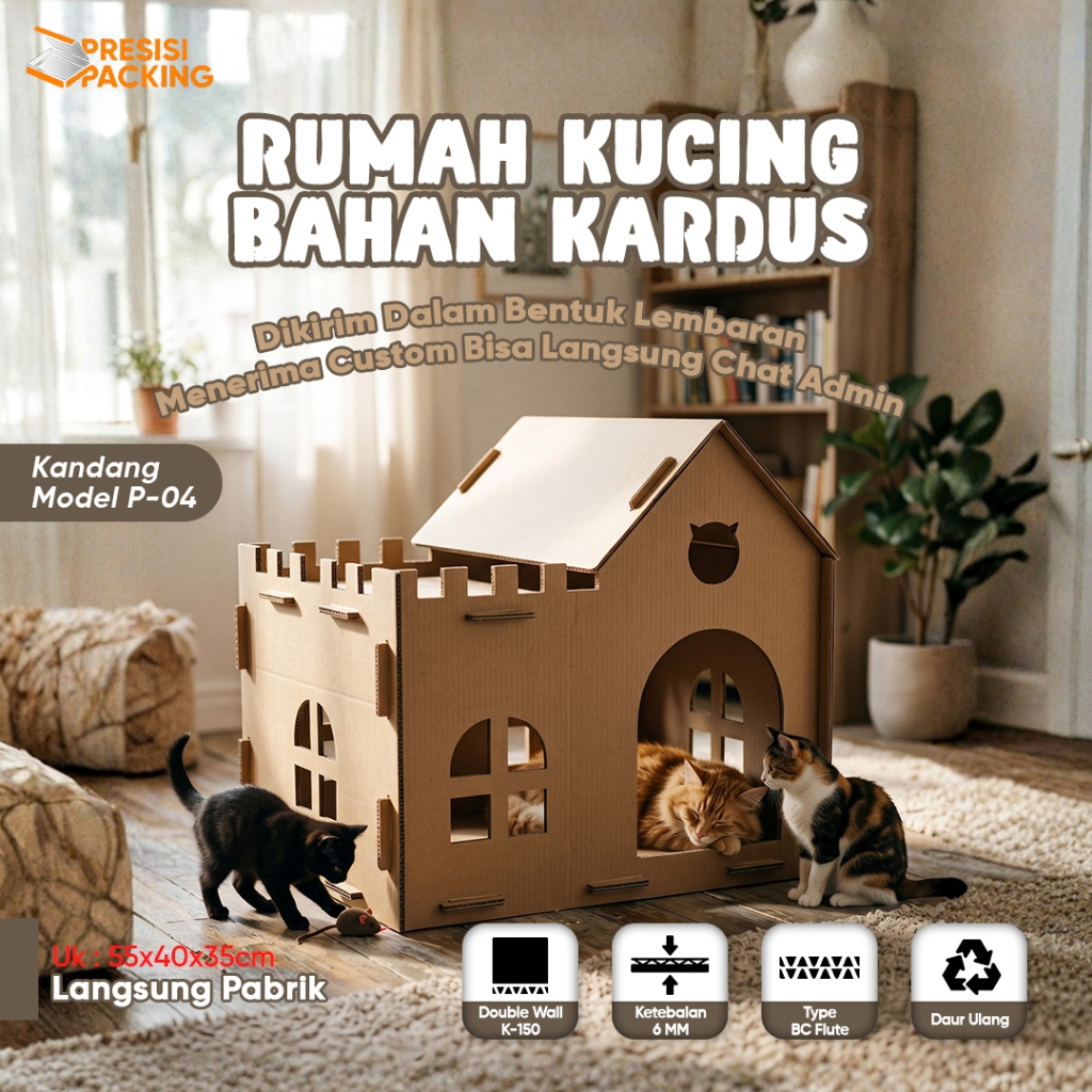 Rumah Kucing bahan kardus untuk mainan hewan peliharaan Premium P-04 Bahan Kardus 6mm Ukuran 55X40X5