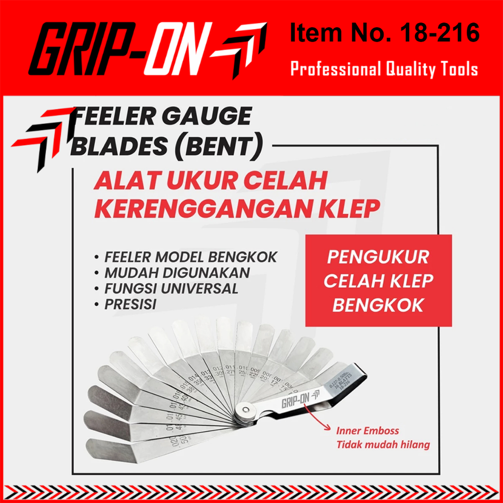 GRIP ON 18-216 Fuller 16 Blades Bengkok Kunci Stel Klep Motor Feeler Gauge