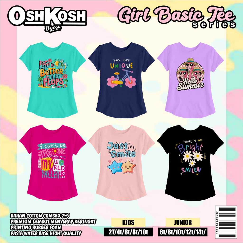 KAOS ANAK PEREMPUAN 6-8 TAHUN OSHKOSH B'GOSH GIRL BASIC TEE