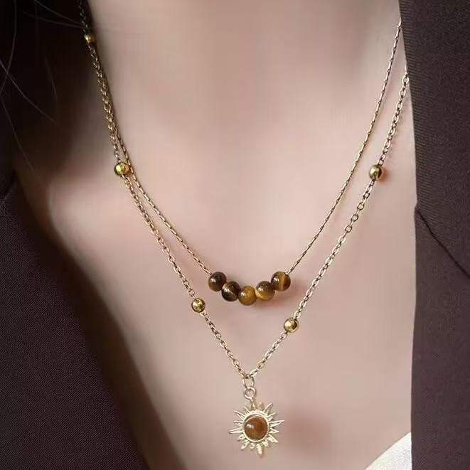 July Perhiasan- Kalung Berlapis Dua Batu Tiger Eye Liontin Matahari COD