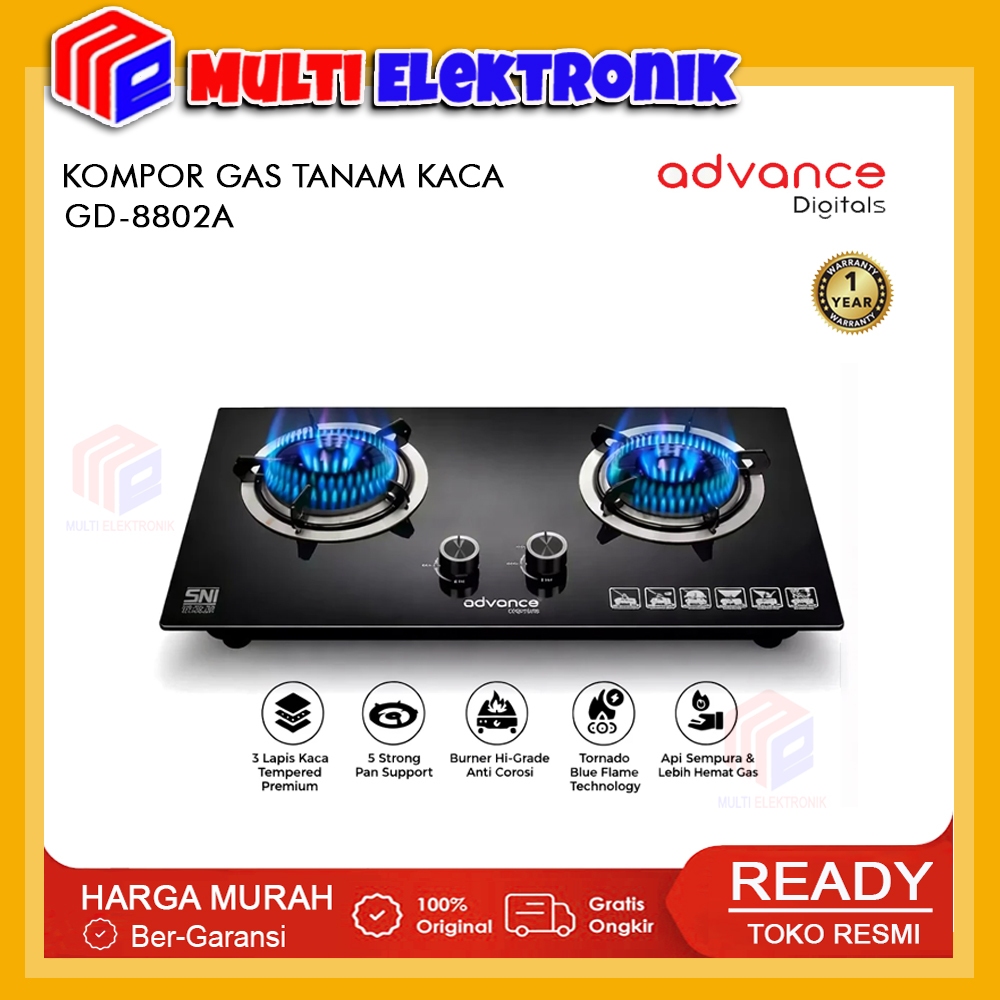 Advance Kompor Gas Tanam GD-8802A Kompor Gas Tanam Tornado Blue Flame 2 Tungku Tempered Glass