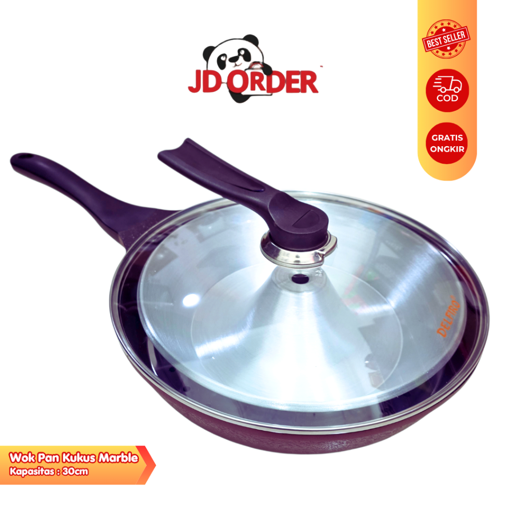 Delfiro Wok Pan Diameter 30cm Set Pengukus Bahan Marble Tebal Anti Lengket Kitchenware