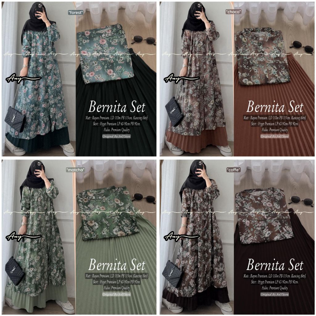 Bernita set / setelan tunik midi rok skirt polos plisket / by any
