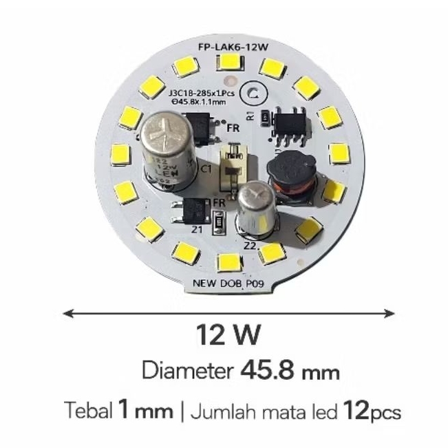 PCB LED AC New DOB 12W D45.8mm Tebal 1mm C9V Heatsink