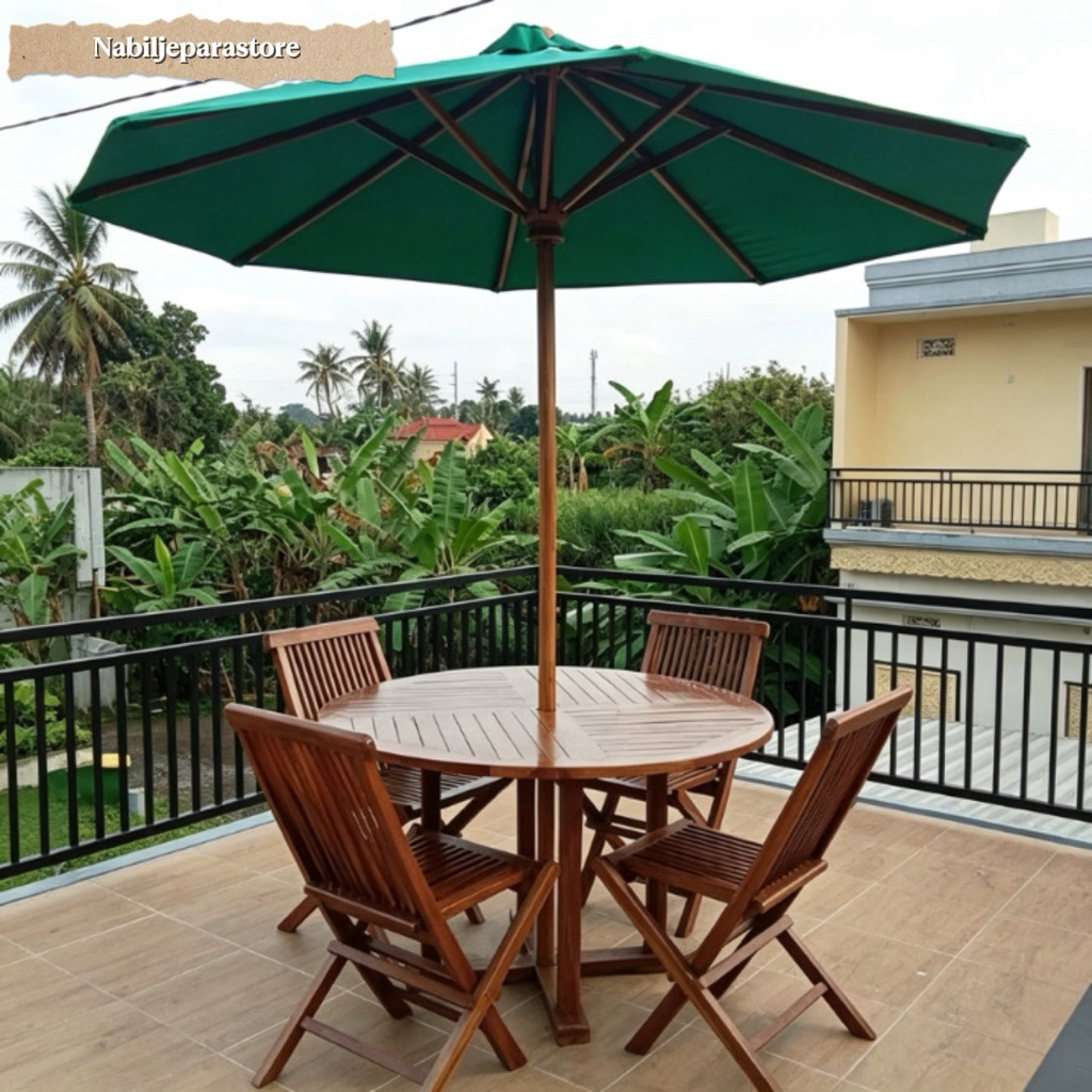 set meja payung| Set Meja Payung Kayu Jati 4 Kursi + Meja + Payung| set meja taman