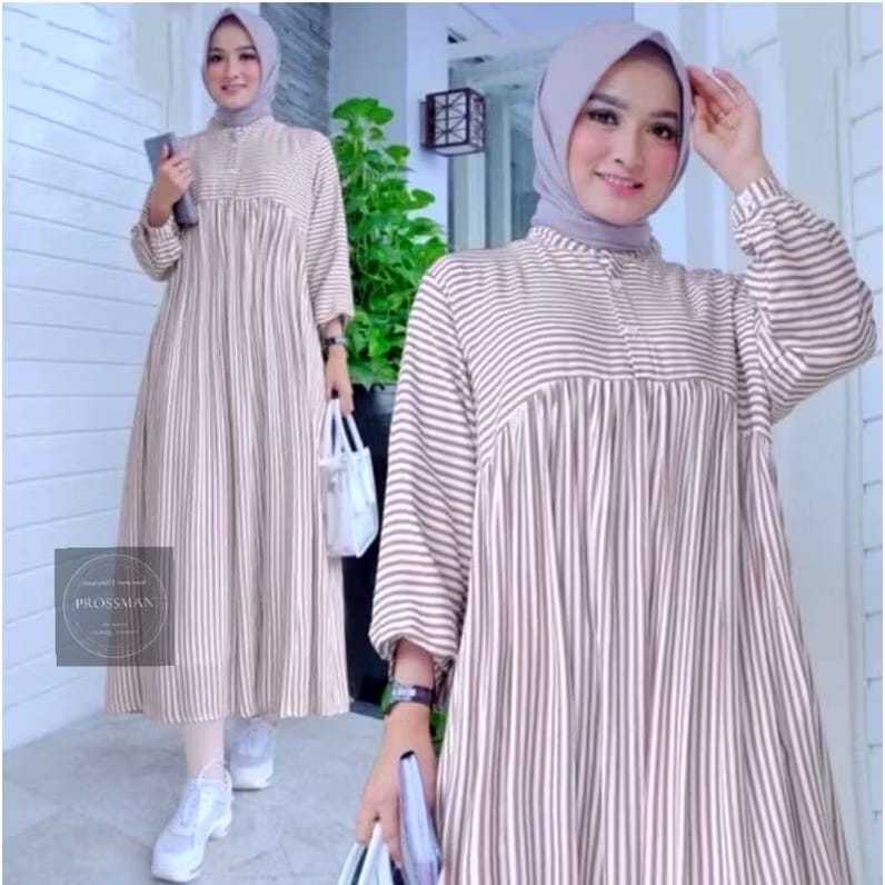 Nadya Dress gamis Salur Katun Viscose | Fashion Muslim Kekinian | Elegant Midi Dress Motif Salur Ter