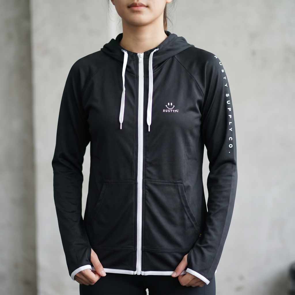 Jaket Sport Wanita Thumbhole RUSTY Running Surfer Hitam-Putih Size M
