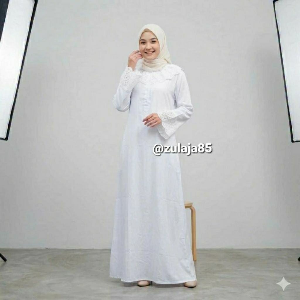 Gamis Putih Sutra Katun Renda Krancang / Gamis Haji Dan Umroh Renda Krancang