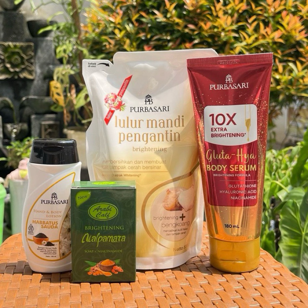 [PAKET] 4 Perawatan Tubuh Purbasari Lulur Mandi Pengantin Bengkoang 500gr + Hand&Body Lotion Habbatu