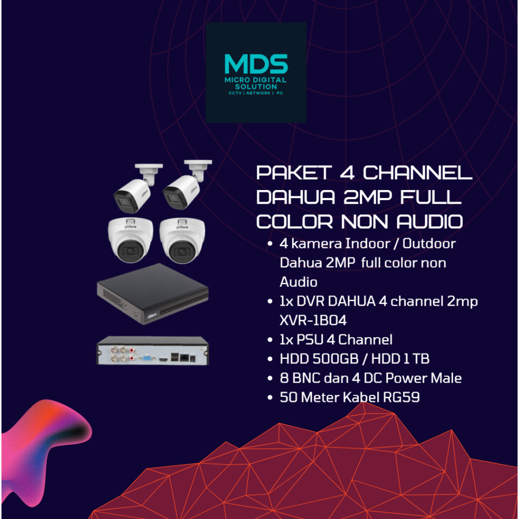 PAKET CCTV ANALOG DAHUA 4 CHANNEL 2MP FULL COLOR NON AUDIO