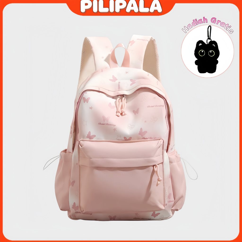 [Hadiah Gratis] Tas Sekolah Siswa Pink Motif Kupu-Kupu/Tas Lucu Wanita Korea Style/Tas Kuliah Laptop
