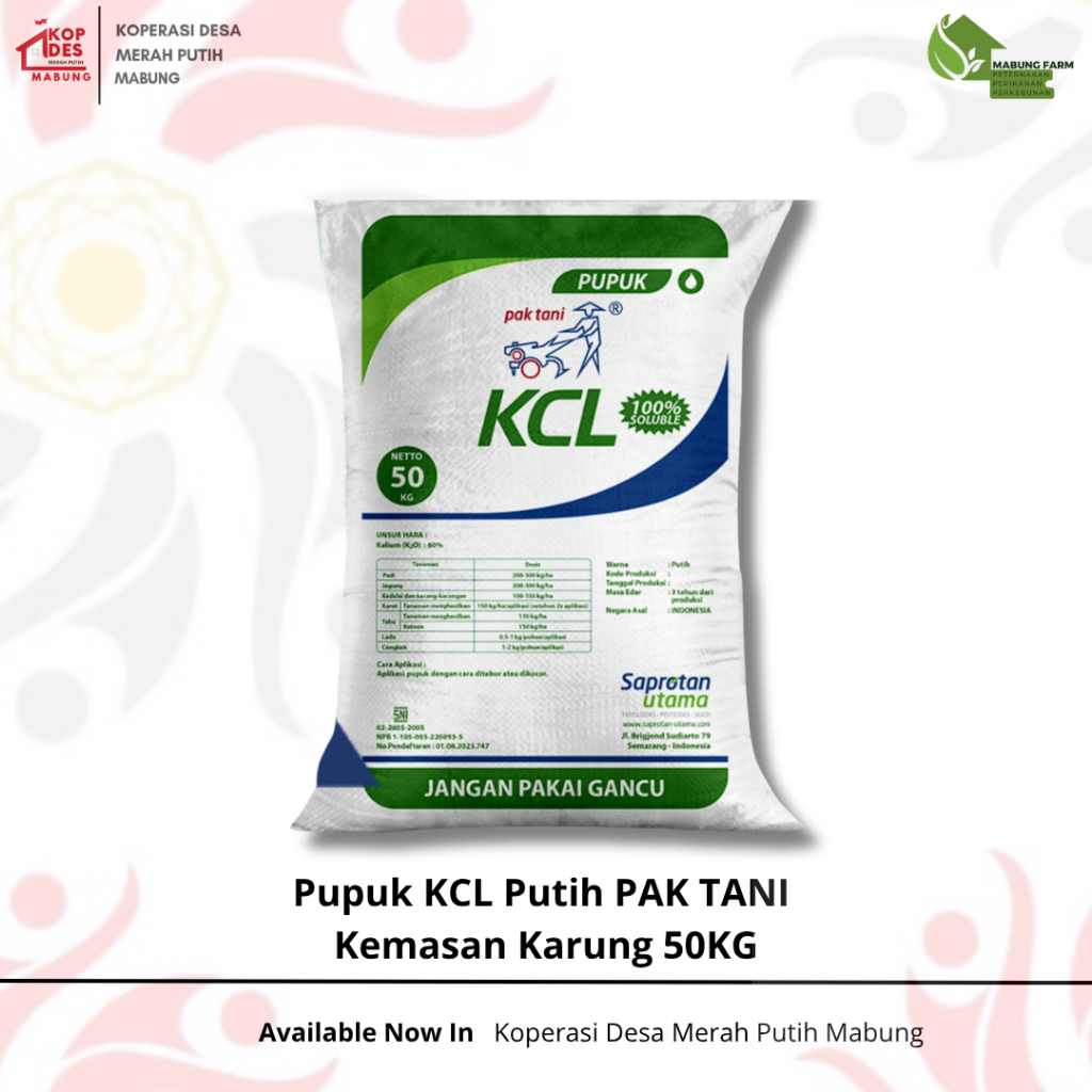 Pupuk KCL Putih PAK TANI Kemasan Karung 50KG / KCL Pak Tani 50kg