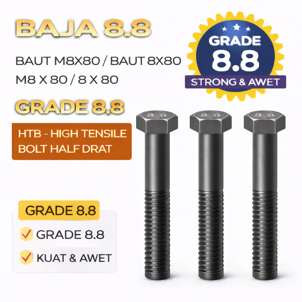 Baja 8.8 Baut M8X80 / Baut 8X80 / M8 X 80 / 8 X 80  Grade 8.8 HTB - High Tensile Bolt Half Drat