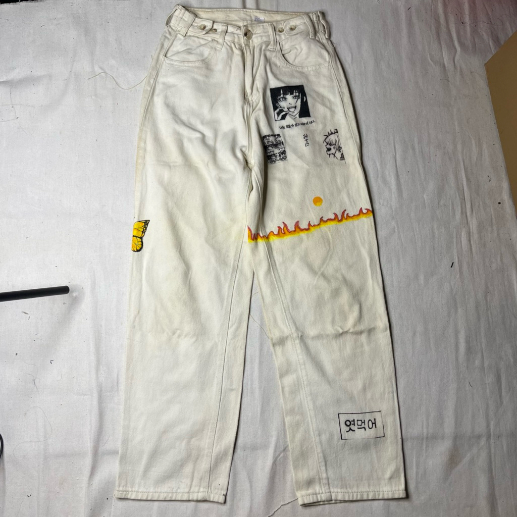 PRELOVED BAGGY JEANS CUSTOM PAINTING - LOOSE PANTS WANITA - DENIM AOP