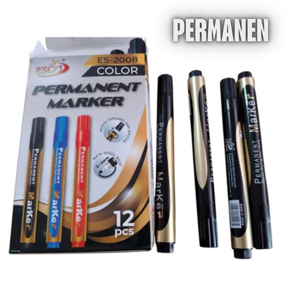 1 Pax (12 pcs) Spidol Esco 2008 / Spidol Permanent / Tinta Hitam / Spidol Anti Luntur / Spidol Papan