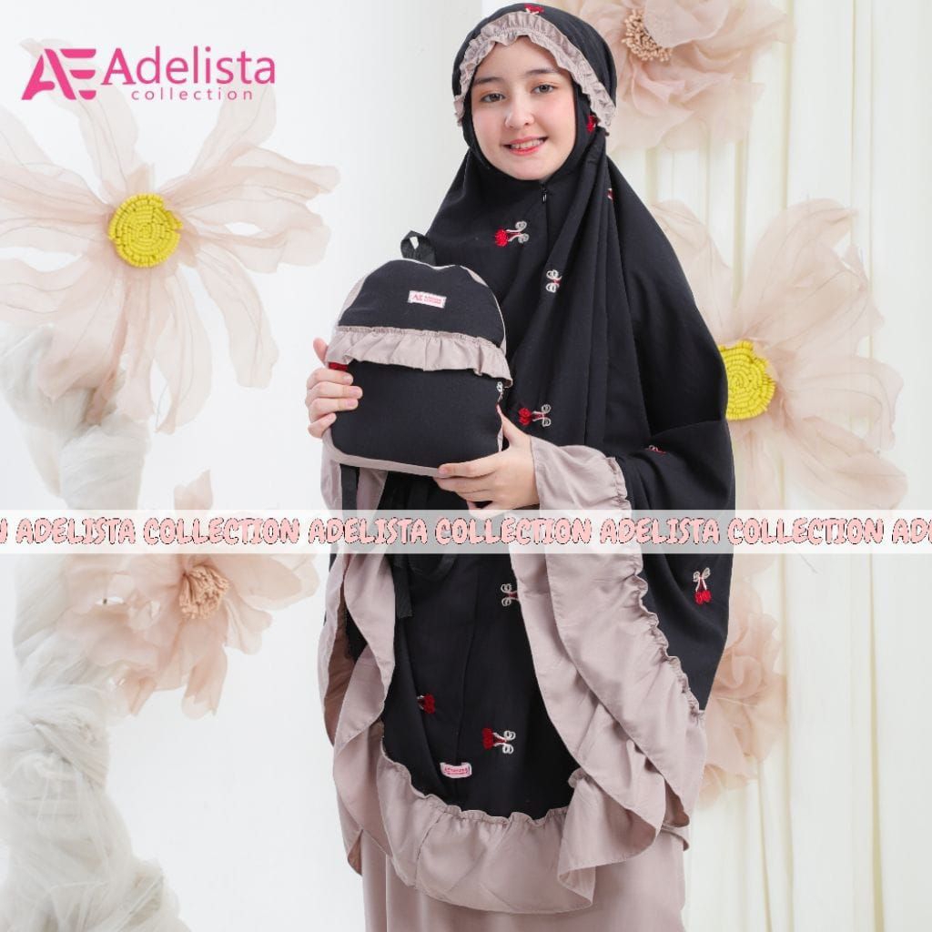 Mukena Anak Warna Hitam Tas Ransel 2in1 Resleting Dagu Motif Pita Coquette