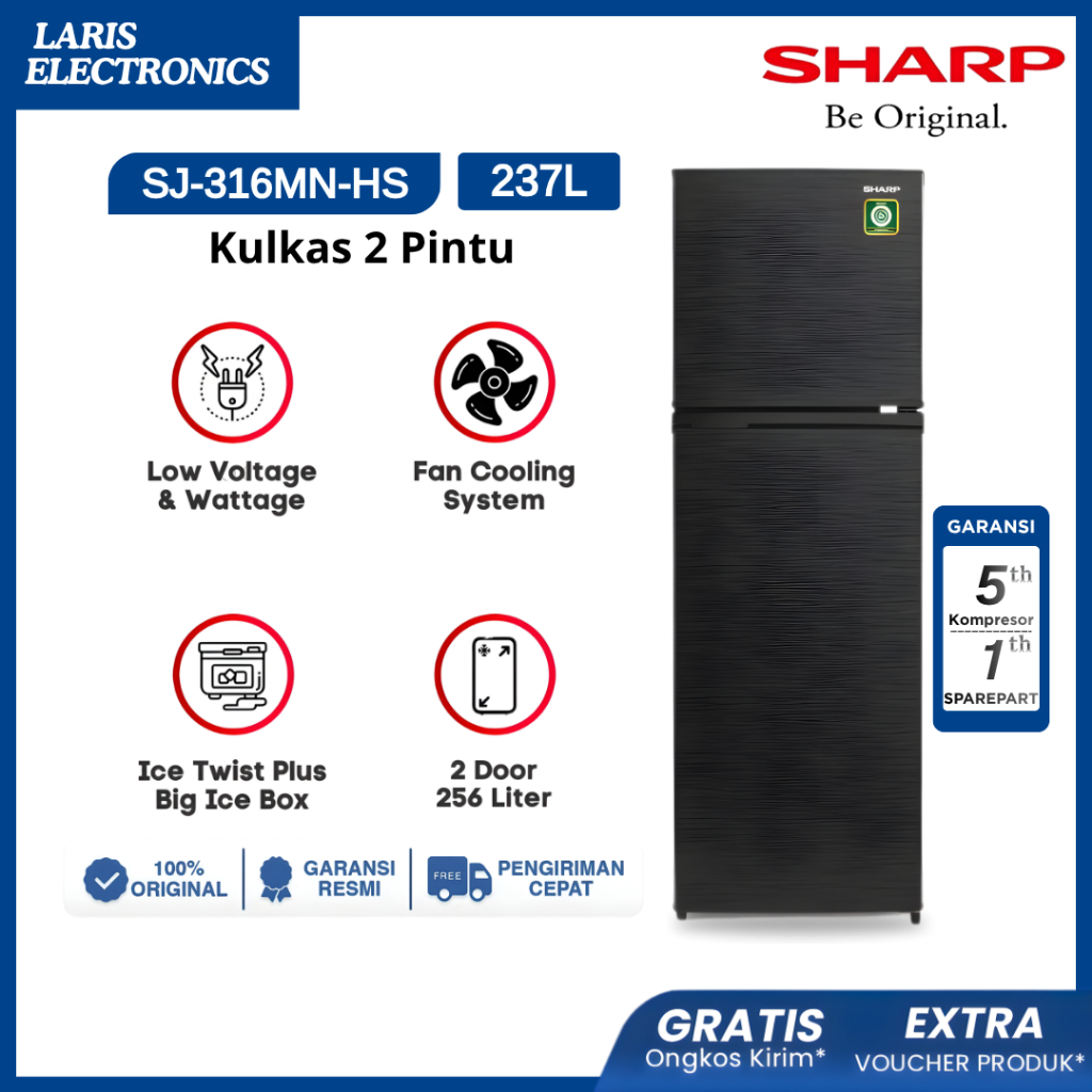 SHARP Kulkas 2 Pintu SJ-316MN-HS BERKAPASITAS BESAR 237L, Tempered Glass Kirei Series