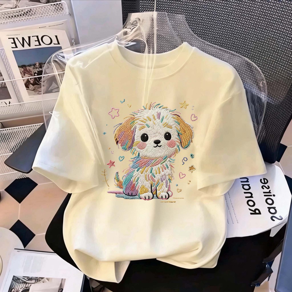 JiOJiO Kaos Anak Cream Imut Bordir Anjing Kecil pakaian anak baju anak perempuan baju anak laki laki