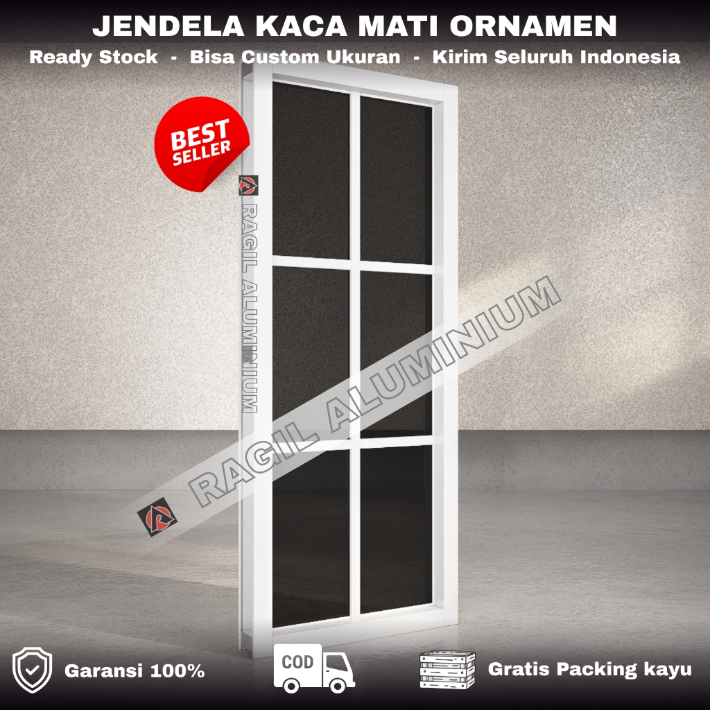Tinggi 120 cm x Panjang 30 cm (120x30) Jendela Aluminium Kaca Mati Ornamen