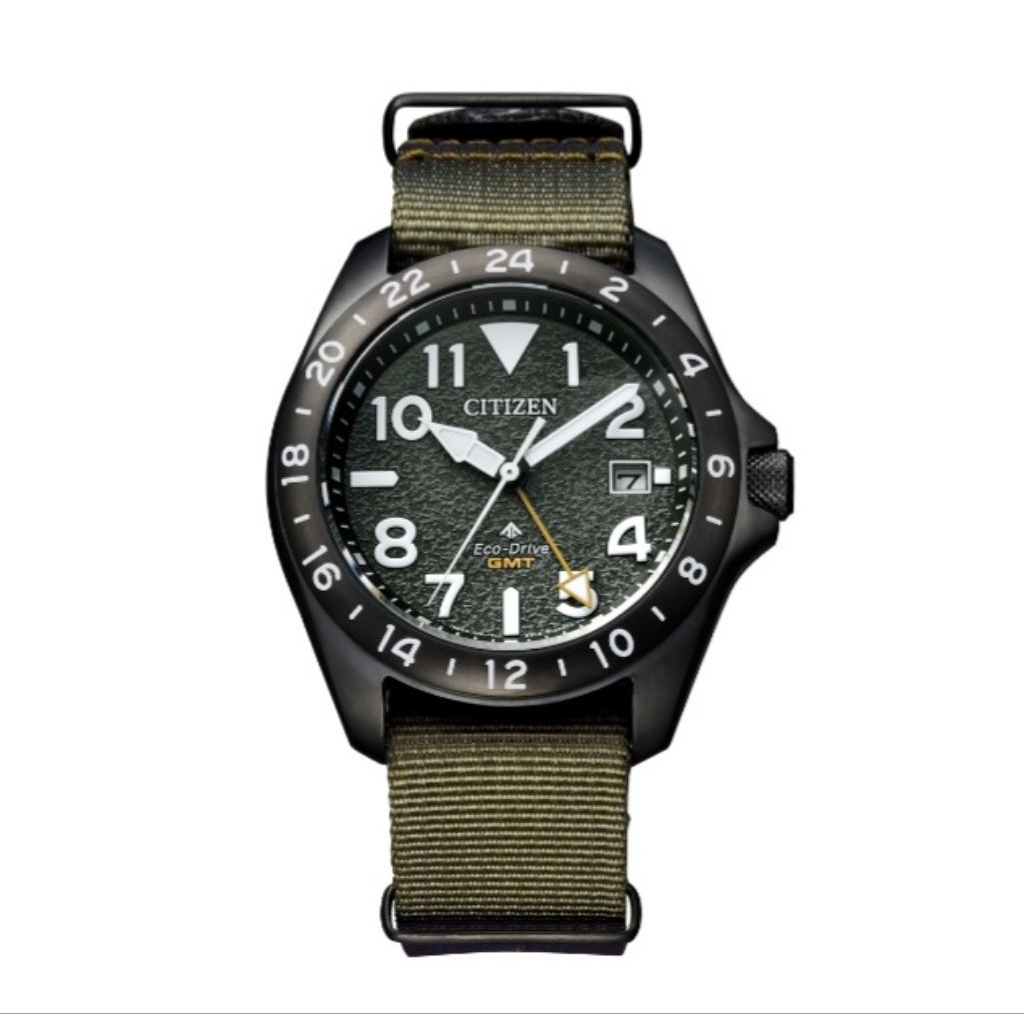 Jam Tangan Citizen Promaster Land BJ7155-05X Eco-Drive GMT Green Dial Green Nato Strap Sapphire Crys