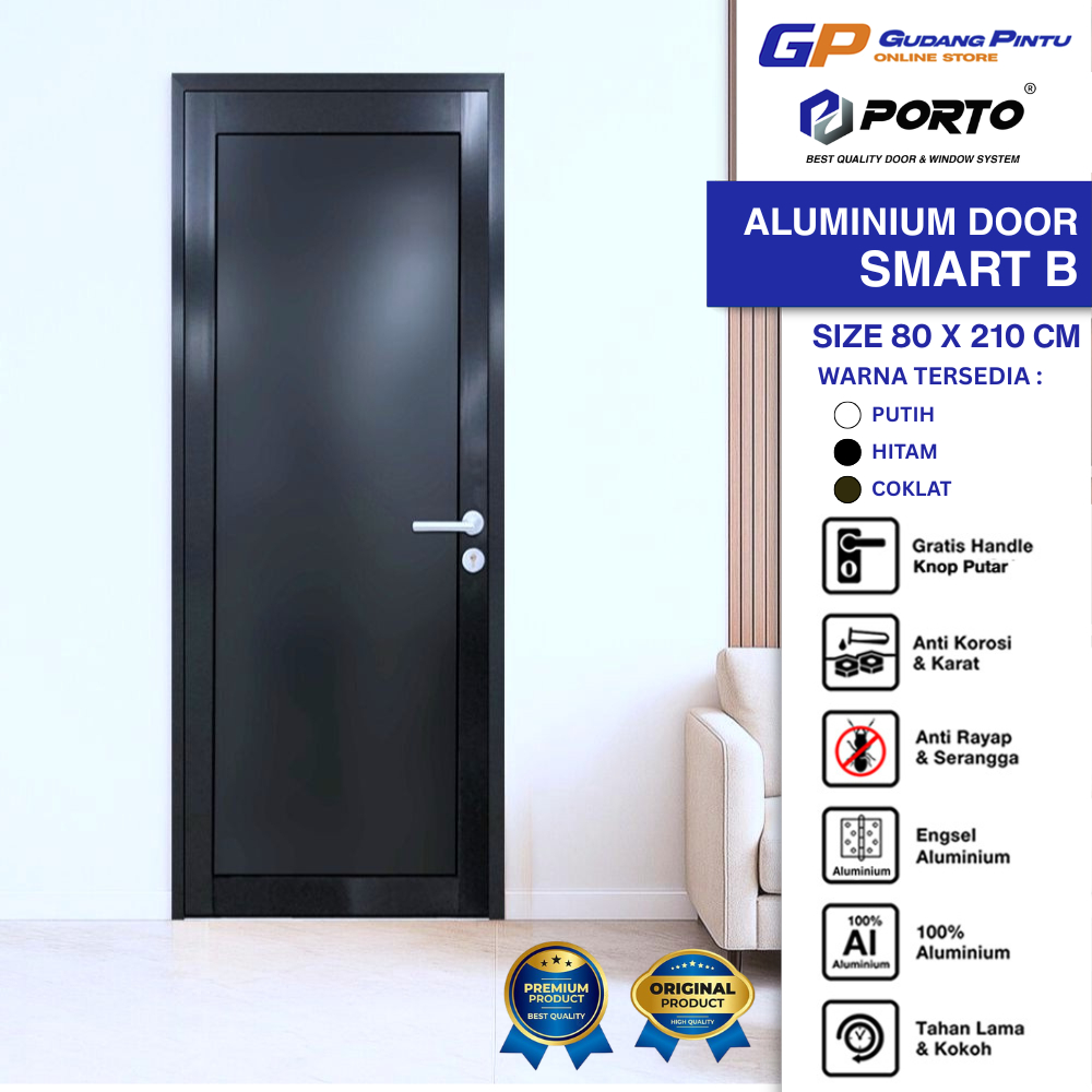 PORTO DOOR PINTU ALUMINIUM / ALUMUNIUM SMART B 80X210 CM / PINTU KAMAR TIDUR / DAPUR / UTAMA ( HITAM