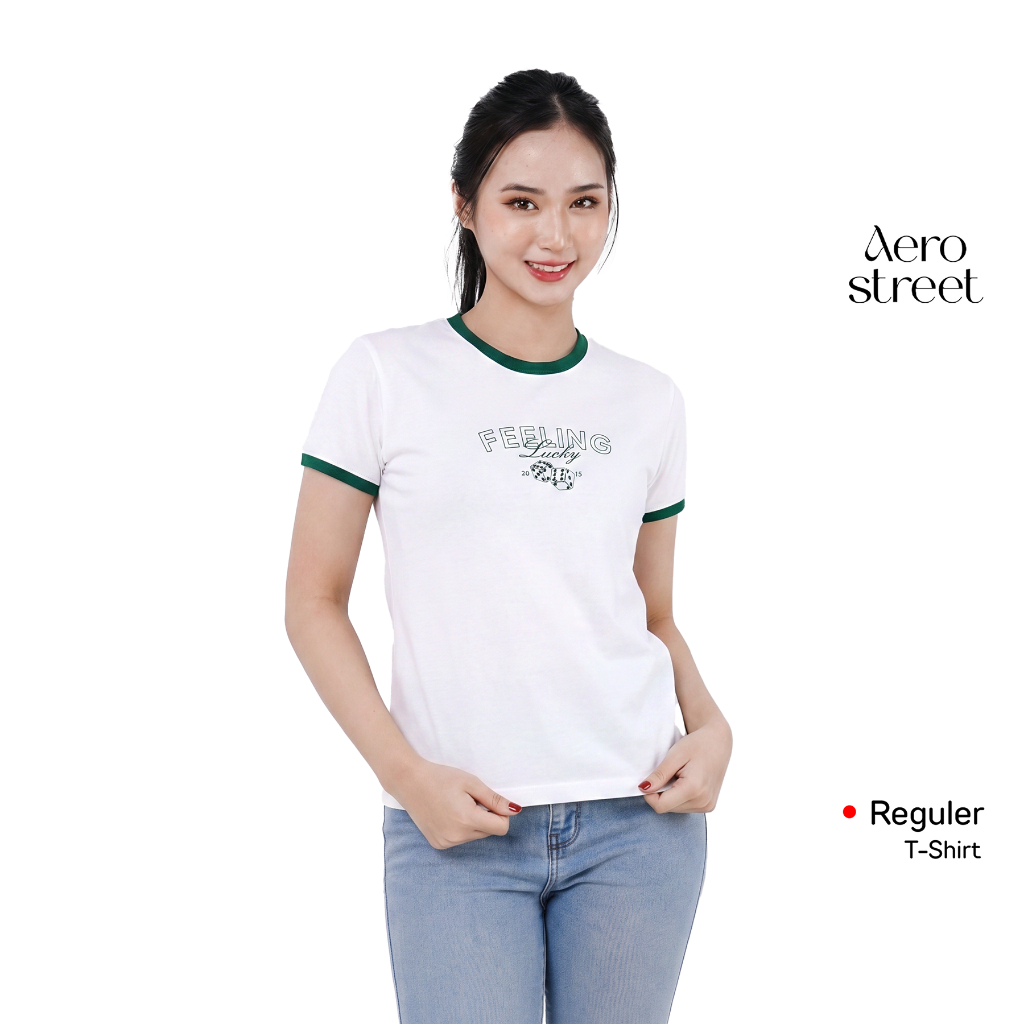 Aerostreet Feeling Lucky Kaos Wanita Off White/Hijau Botol T-shirt Cewek Women Casual Cotton Combed 