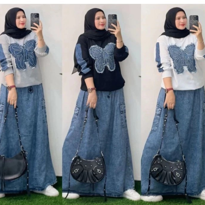 Setelan Wanita Terbaru Setelan Rok Jeans Kekinian Setelan Rok Jeans Kupu Kupu Kombinasi Kaos Wanita