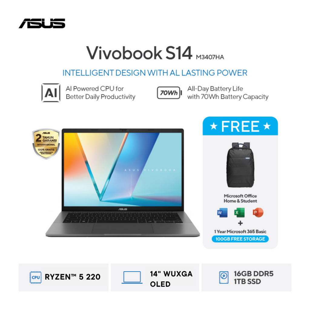 ASUS Vivobook S14 M3407HA - AMD Ryzen 5 220 16GB 1TB SSD 14.0 OLED W11 + OHS