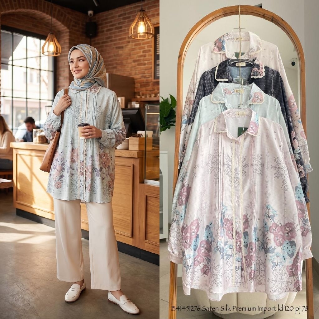 Lucky Lacky Boutique - Tunik Saten Silk Premium Import Blouse Wanita Hijab Friendly Motif Bunga Eleg