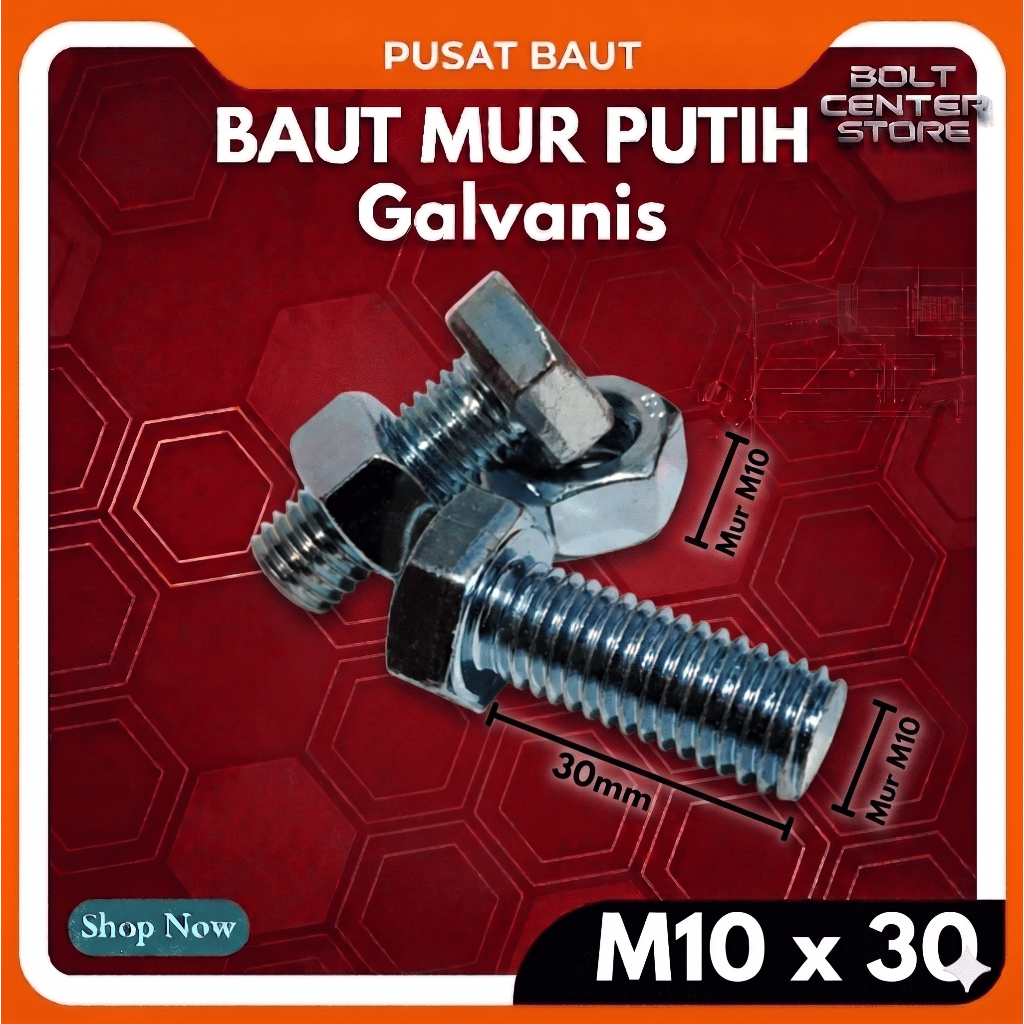 M10 X 30 BAUT MUR PUTIH M10x30 BMP M10 x 30mm HEX GALVANIS