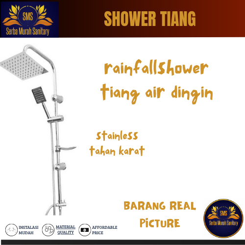 Rainfall Shower Set Stainless Chrome / Shower Tiang Set Stainless Chrome Shower Mandi